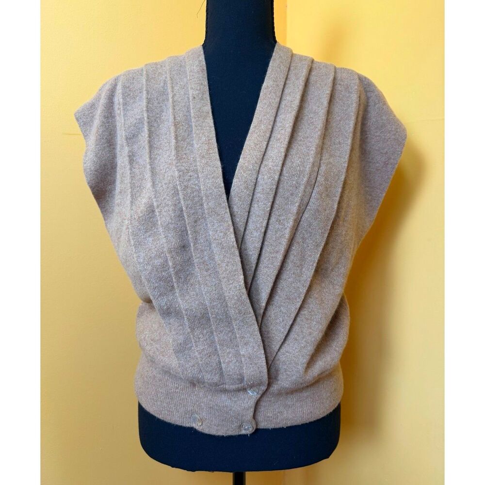 Vintage Evan Picone Lambswool Angora Sweater Vest Pleated Wrap Taupe Tan M